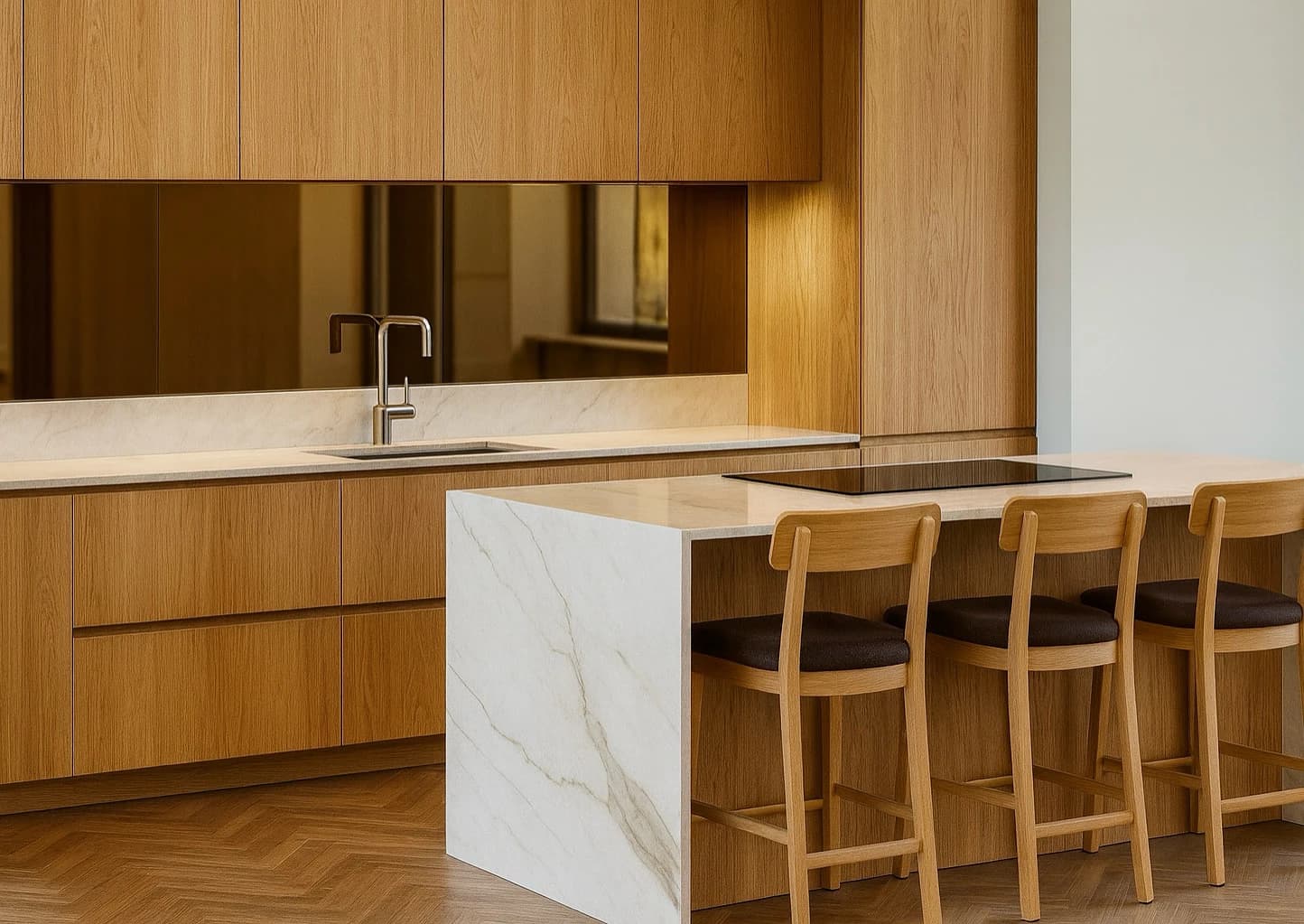 Vue 3D d'une cuisine sur mesure en chêne, îlot en pierre veinée et parquet en point de Hongrie, appartement à Paris 8ᵉ