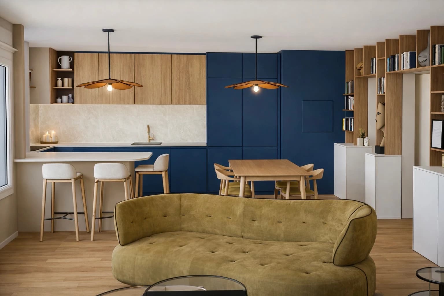 Vue 3D d'un séjour ouvert sur la cuisine, façades bleu nuit et chêne, bibliothèque sur mesure et canapé vert olive, appartement à Vincennes